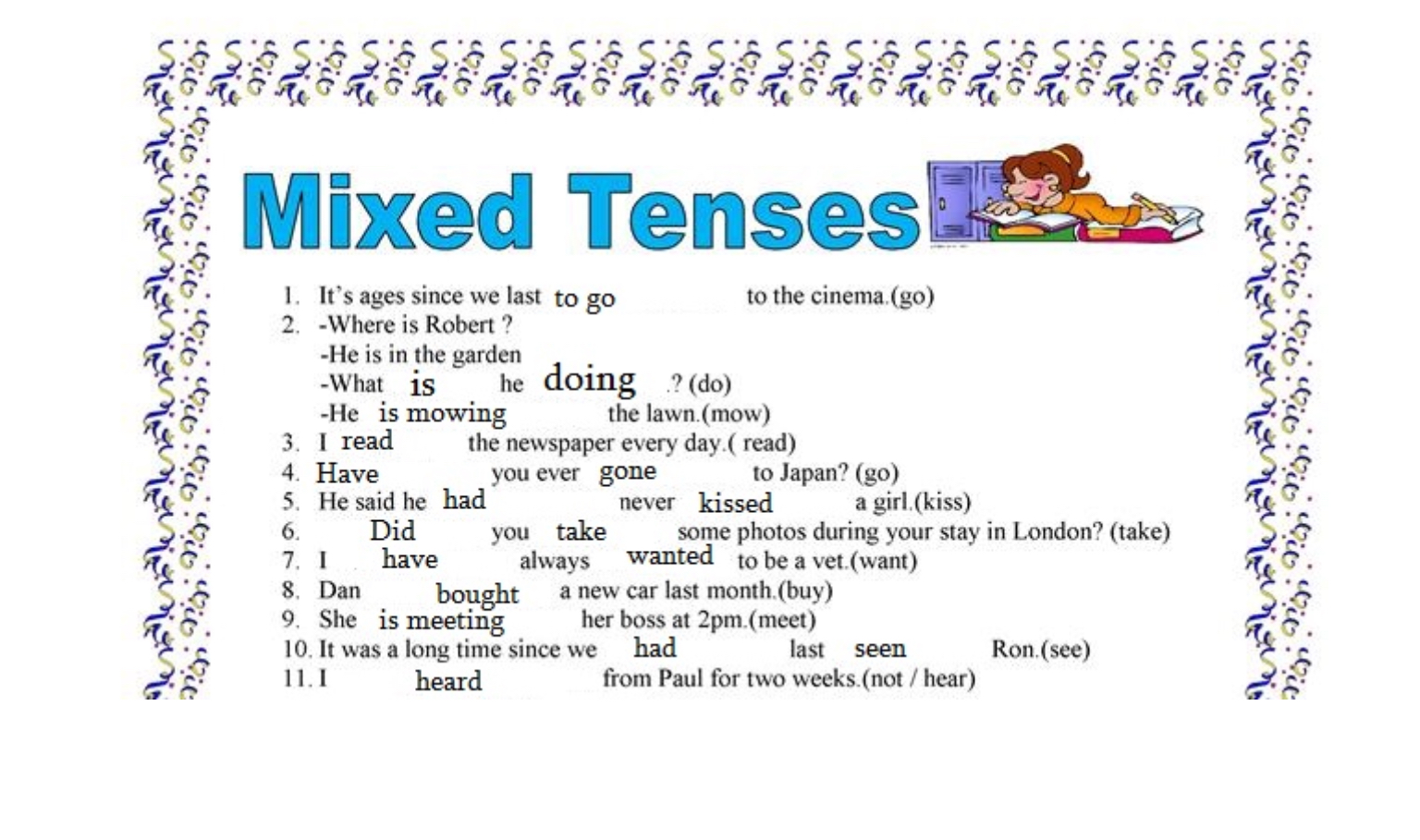 Do he go to the cinema. Mixed Tenses ответы. Mixed past Tenses упражнения. Tenses Worksheets 6 класс. Mixed Tenses Review ответы.
